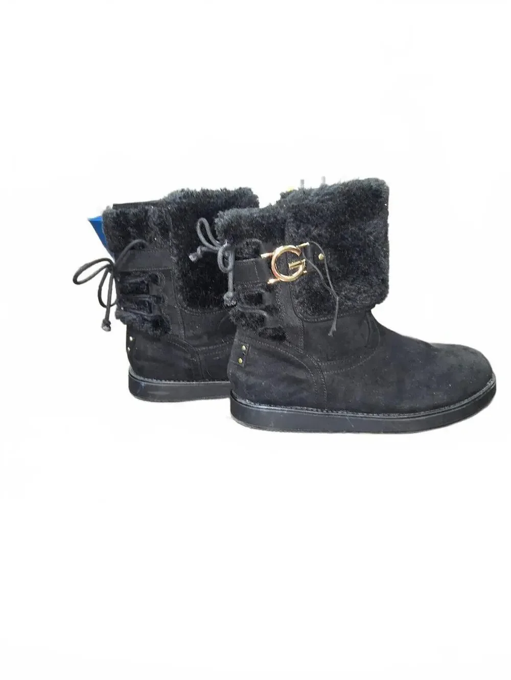 Guess Black Suede and Faux Fur Winter Boots with Gold G Logo